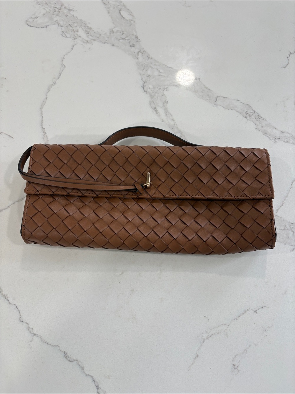Ann Taylor Woven Basketweave Leather Clutch Handbag in Cognac Brown